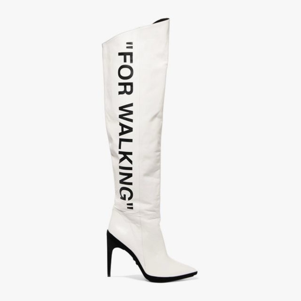 Off-White “For Walking”–printed leather over-the-knee boots size 42